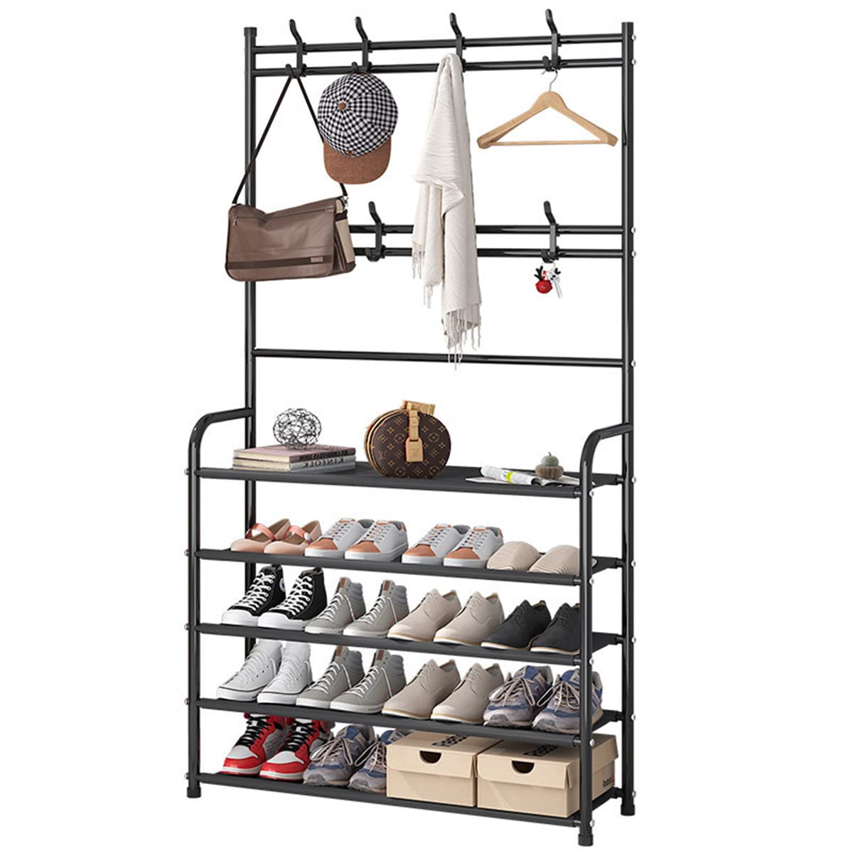 Weecron Entryway Shoe Rack With Coat Rack 5 Tier Shoe Stand Orqanizer For Bedroom Dorm, Black